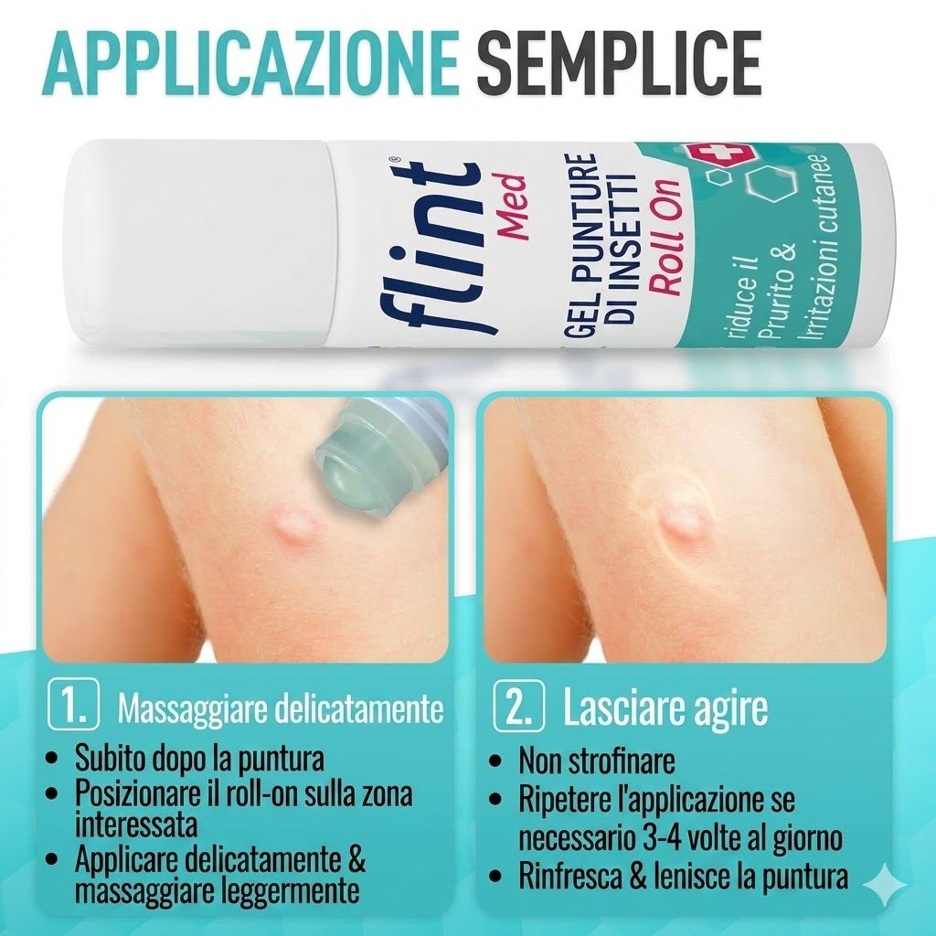 Applicazione del flint Med Gel Roll On punture. Testo: Applicazione Semplice. 2 passaggi.