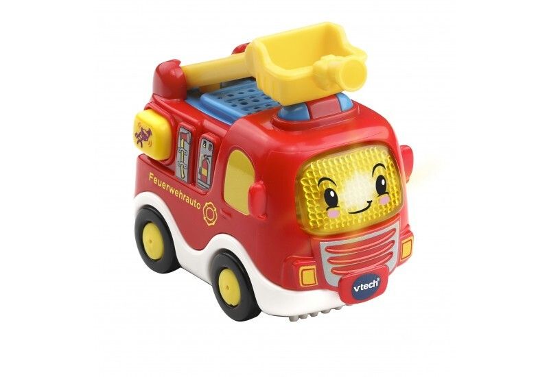 Autopompa giocattolo rossa con scala gialla e volto sorridente. Logo Vtech visibile.