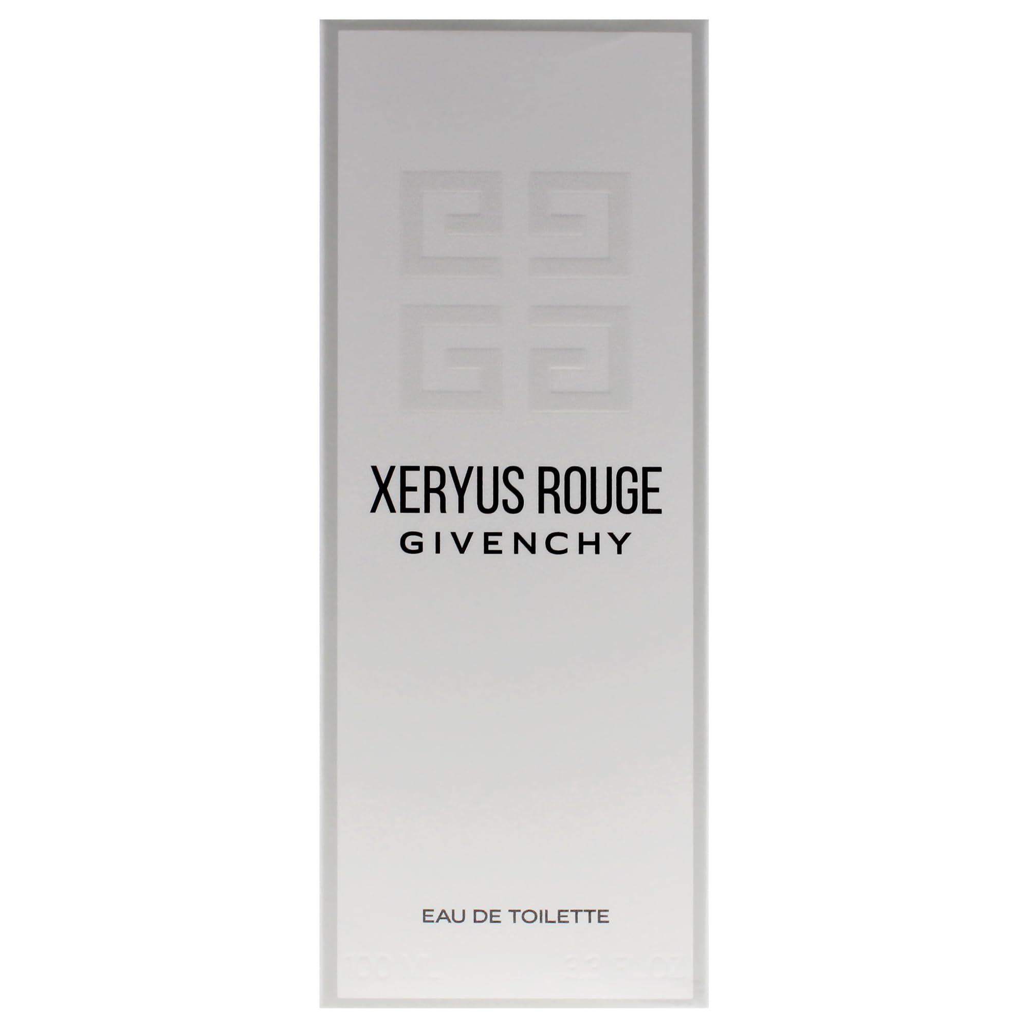 Confezione bianca con logo e testo: XERYUS ROUGE, GIVENCHY. Testo: Eau de Toilette.