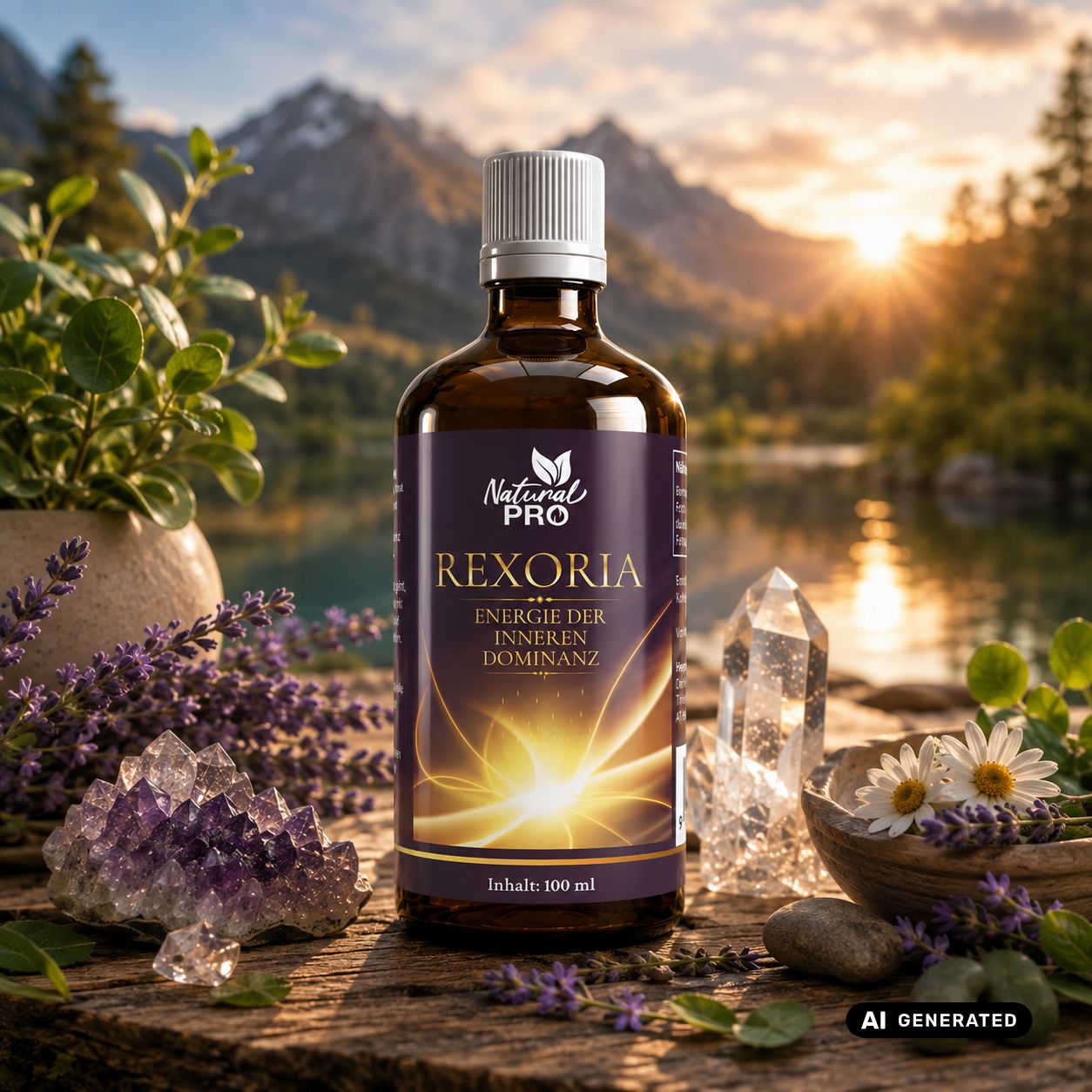 Flacone Rexoria Balance Essenz su tavolo in legno con sfondo di montagna e lago.
