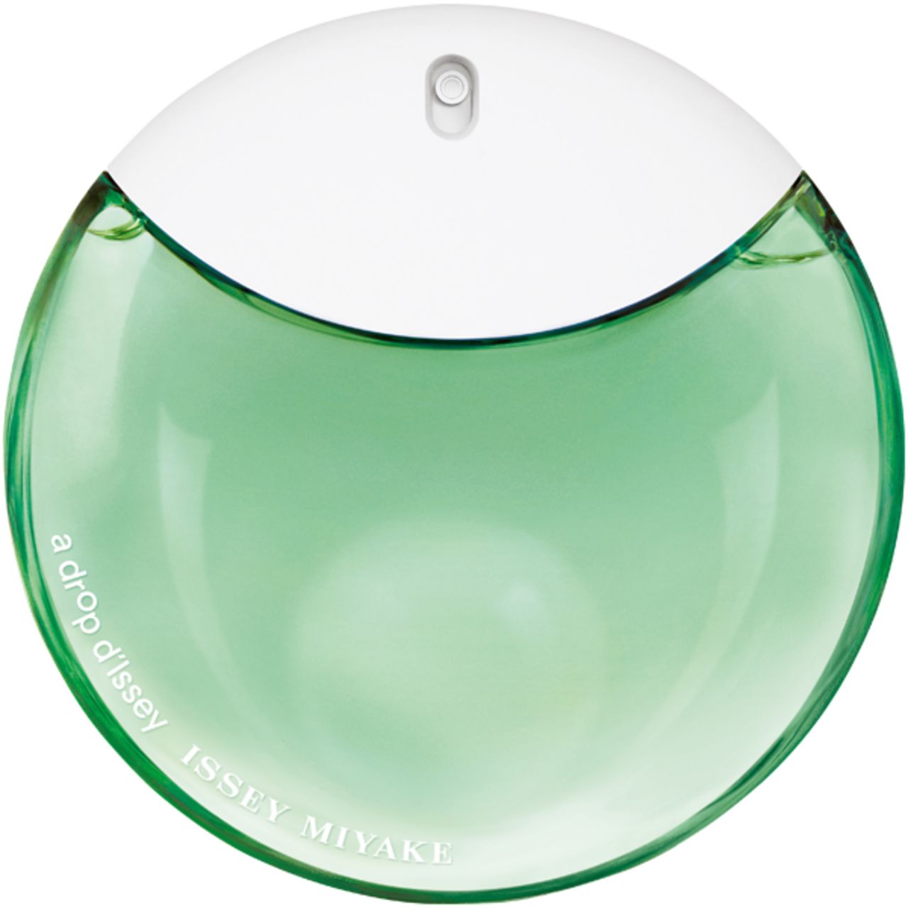 Flacone rotondo con liquido verde e tappo bianco. Scritta: a drop d'Issey, ISSEY MIYAKE.