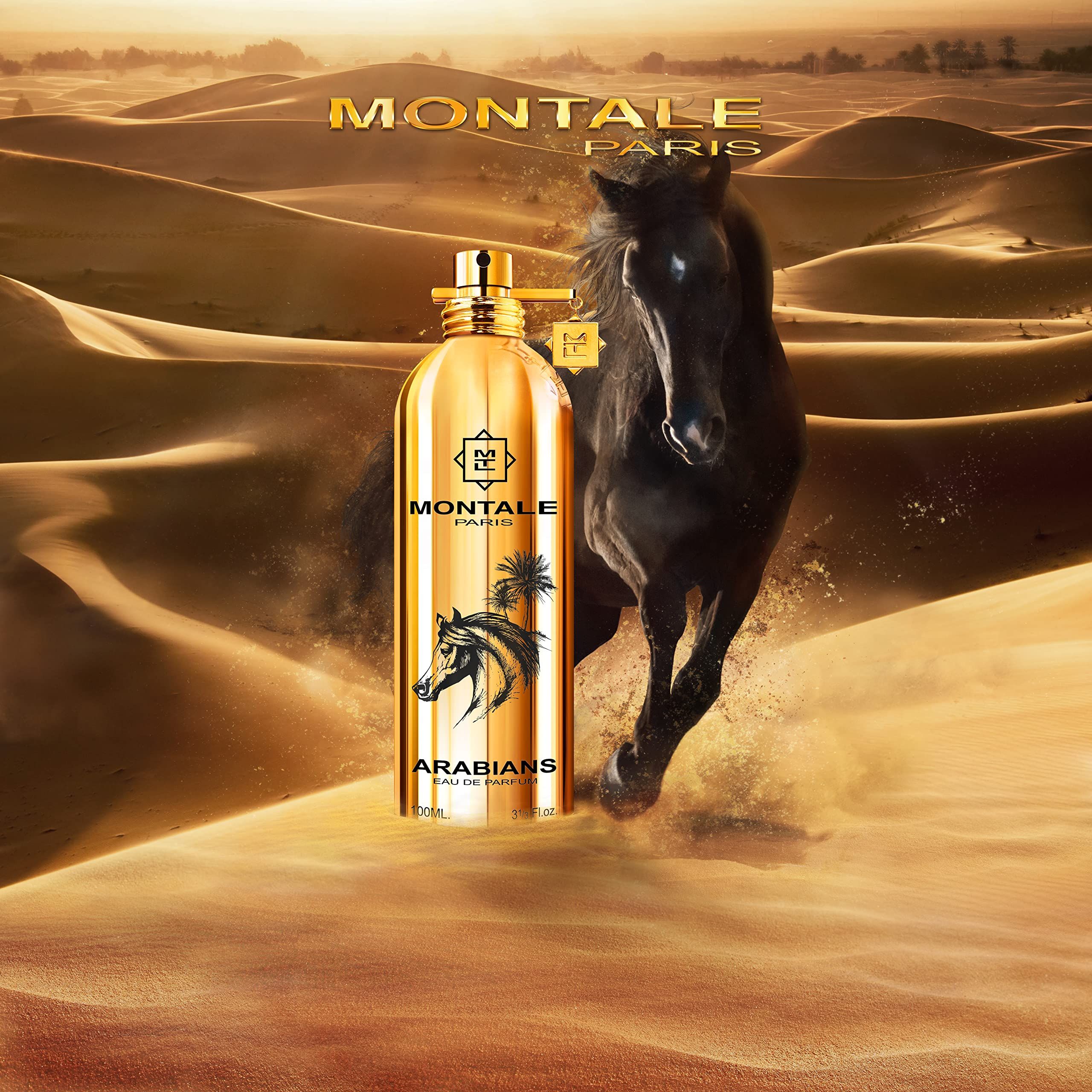Flacone dorato davanti a paesaggio desertico con cavallo. Scritta: MONTALE PARIS, ARABIANS.