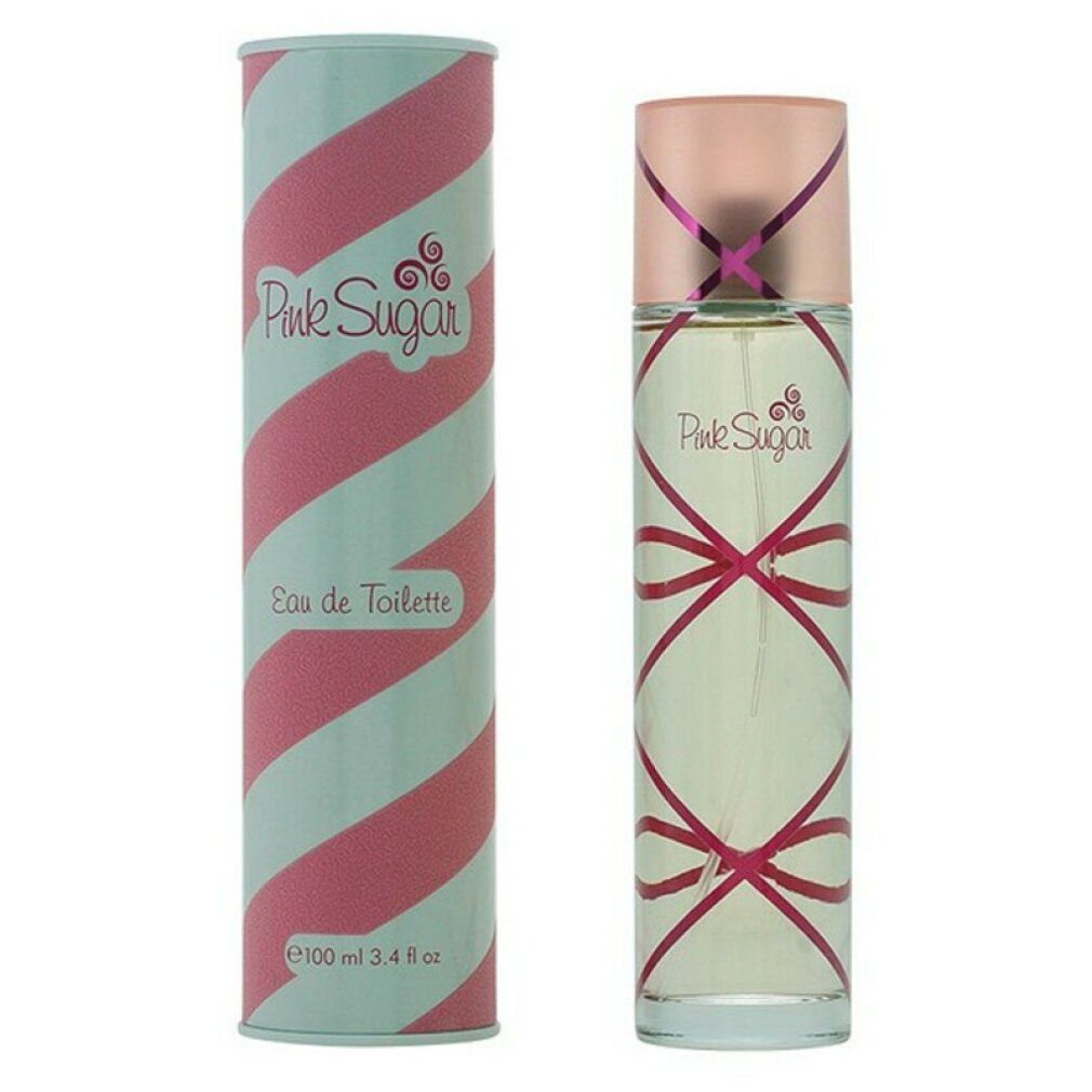 Flacone in vetro e confezione. Flacone con tappo rosa e nastri incrociati. Confezione a strisce rosa e menta. Scritta: Pink Sugar.