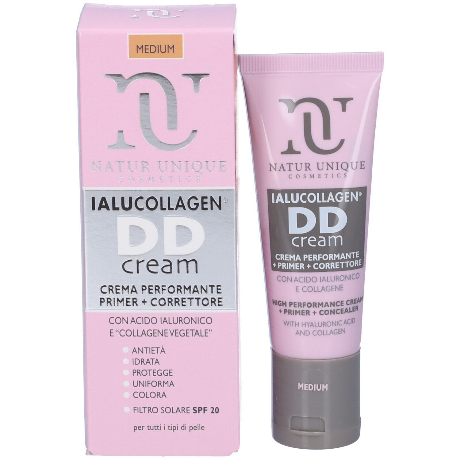Scatola e tubo rosa. Testo: Natur Unique Cosmetics, IALUCOLLAGEN DD cream, Medium. Contiene acido ialuronico e collagene, SPF 20.