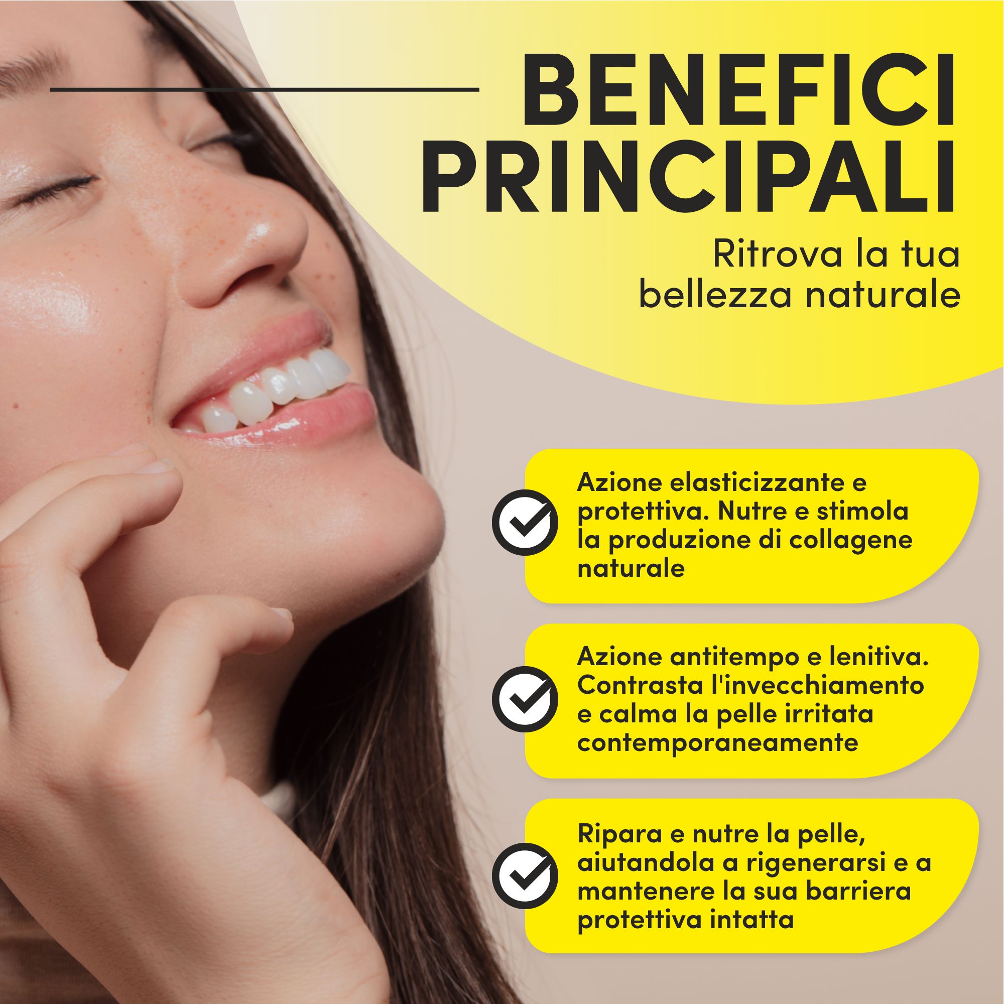 Donna con occhi chiusi. Testo: Benefici principali. Elasticità, protezione, rigenerazione. Fitoattivi Siero Viso alla bava di lumaca 98%.