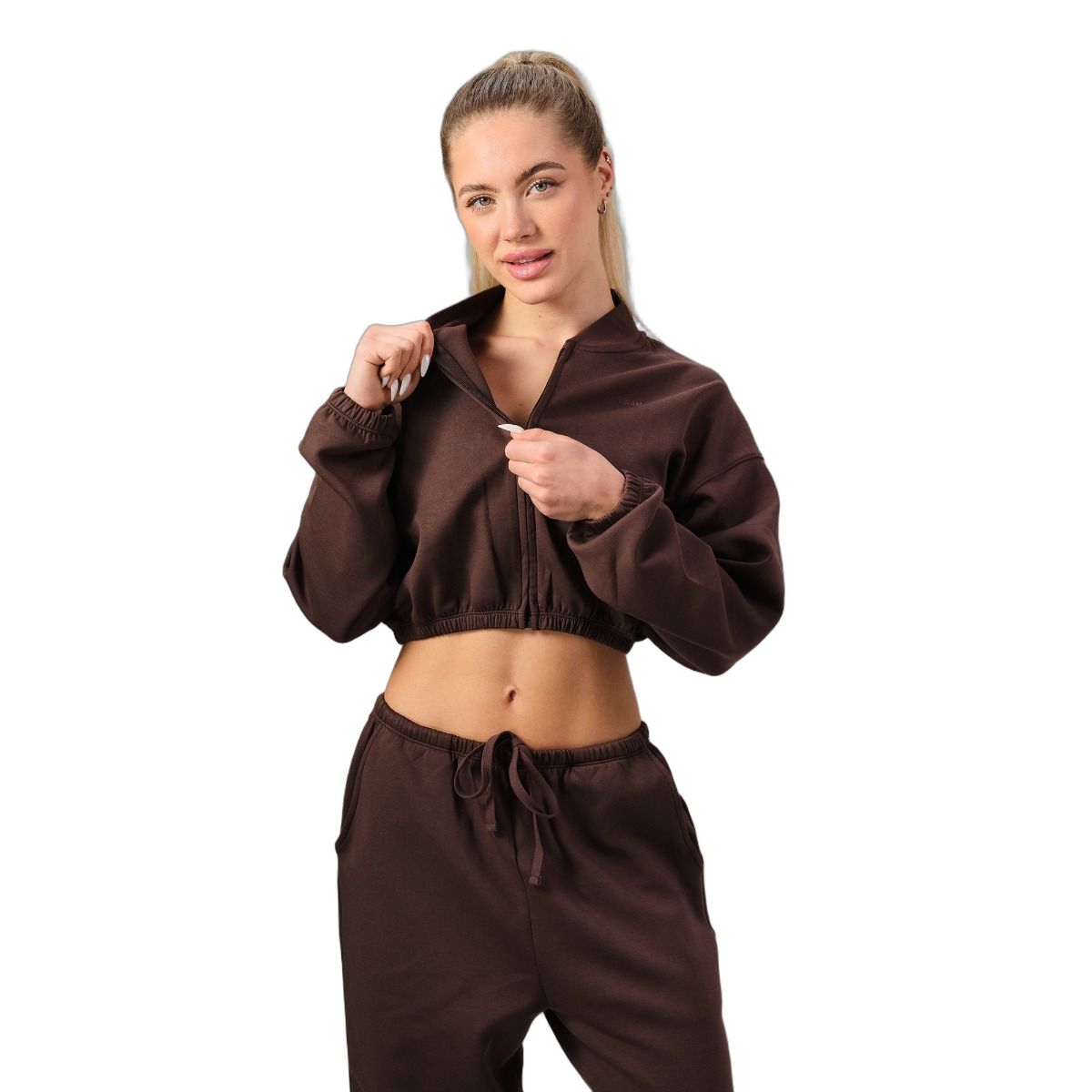 GymBeam Felpa donna NEO cropped con zip senza cappuccio Mocha
