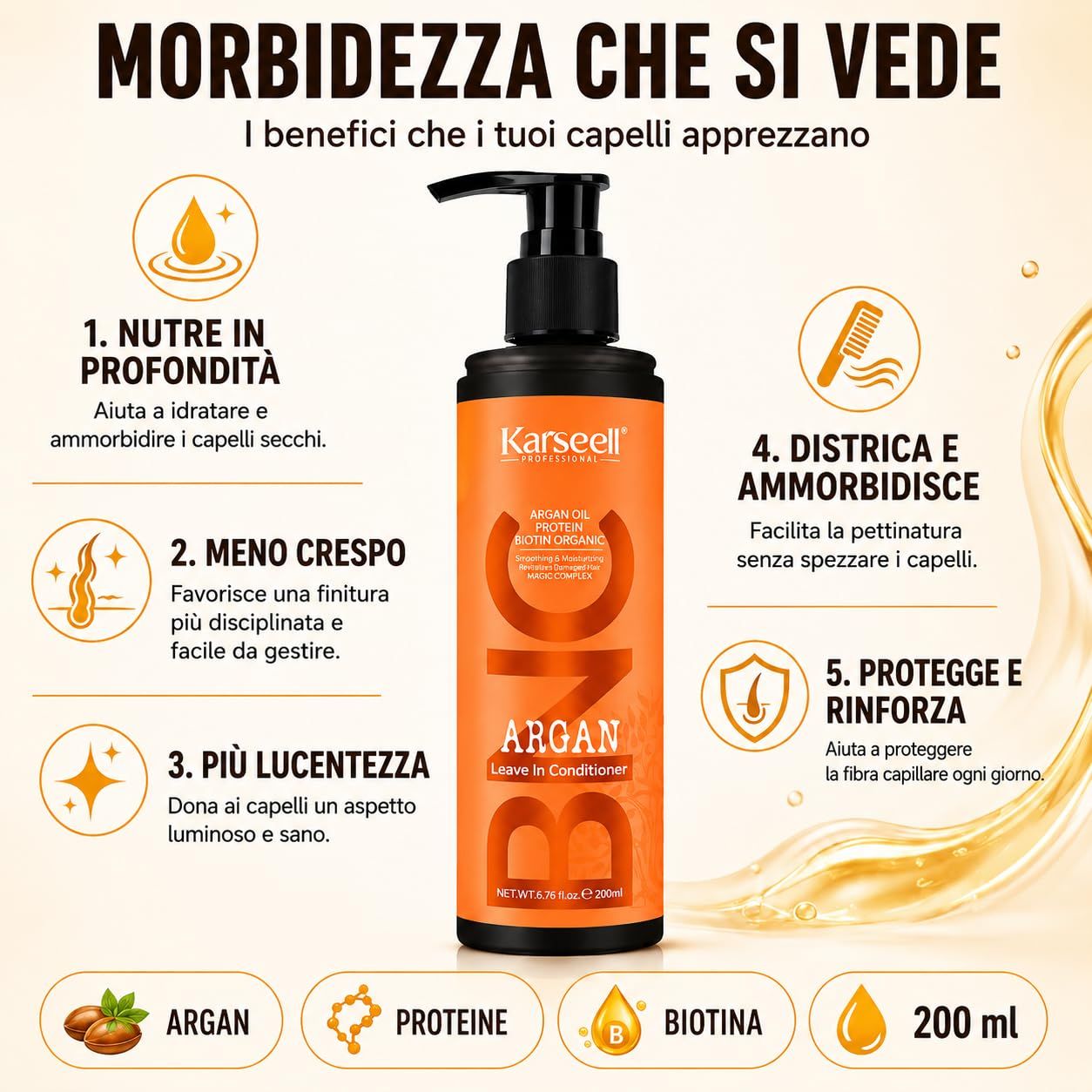 Flacone arancione con dispenser nero, contenente Karseell Argan Leave in Conditioner.