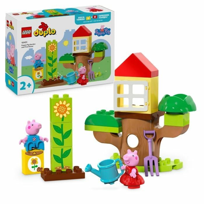 Set LEGO Duplo. Include personaggi di Peppa Pig, casa sull'albero, fiori, annaffiatoio e accessori. Confezione con immagine.