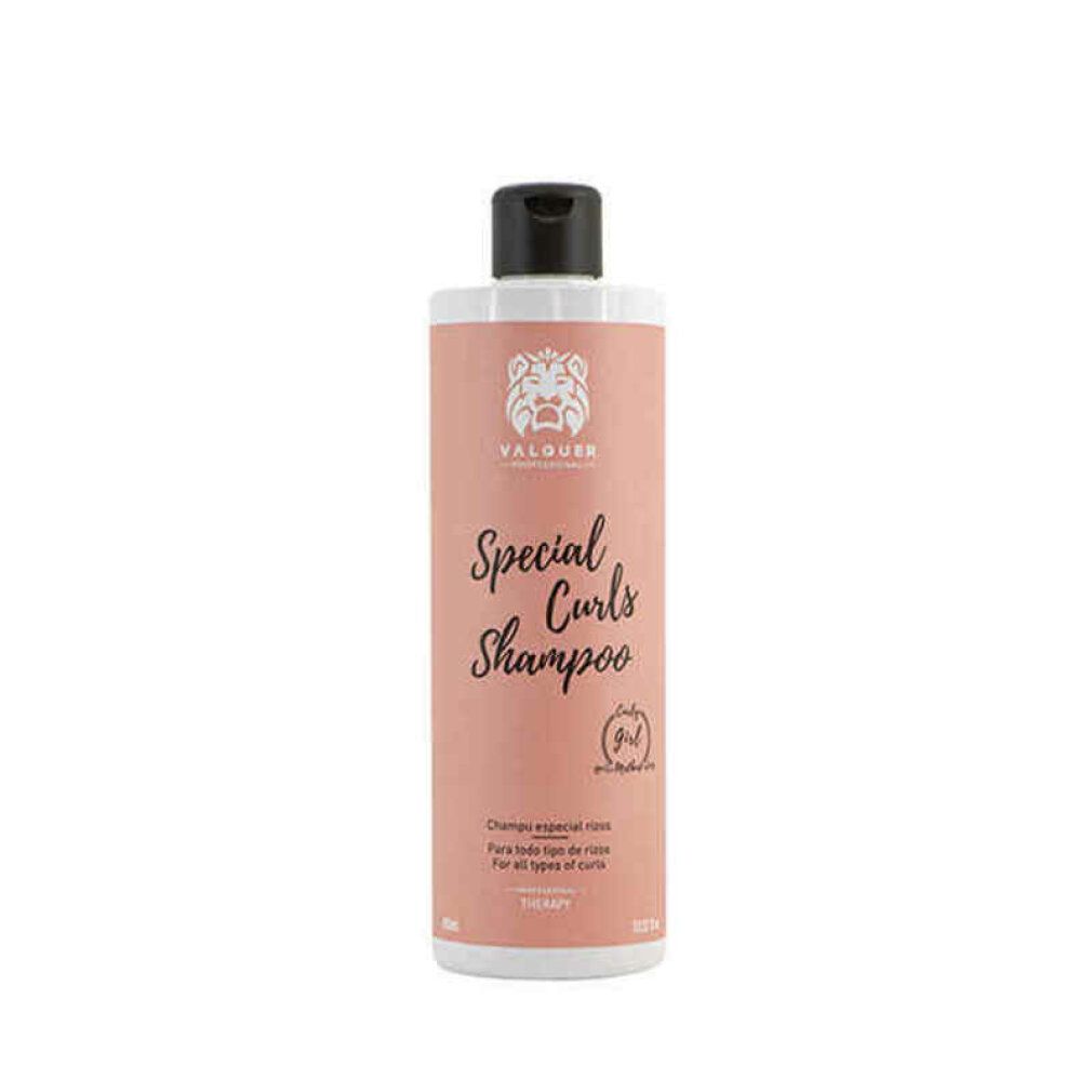 Flacone di shampoo Valquer Special Curls. Etichetta rosa con testo e logo. Tappo nero. Per tutti i tipi di ricci.