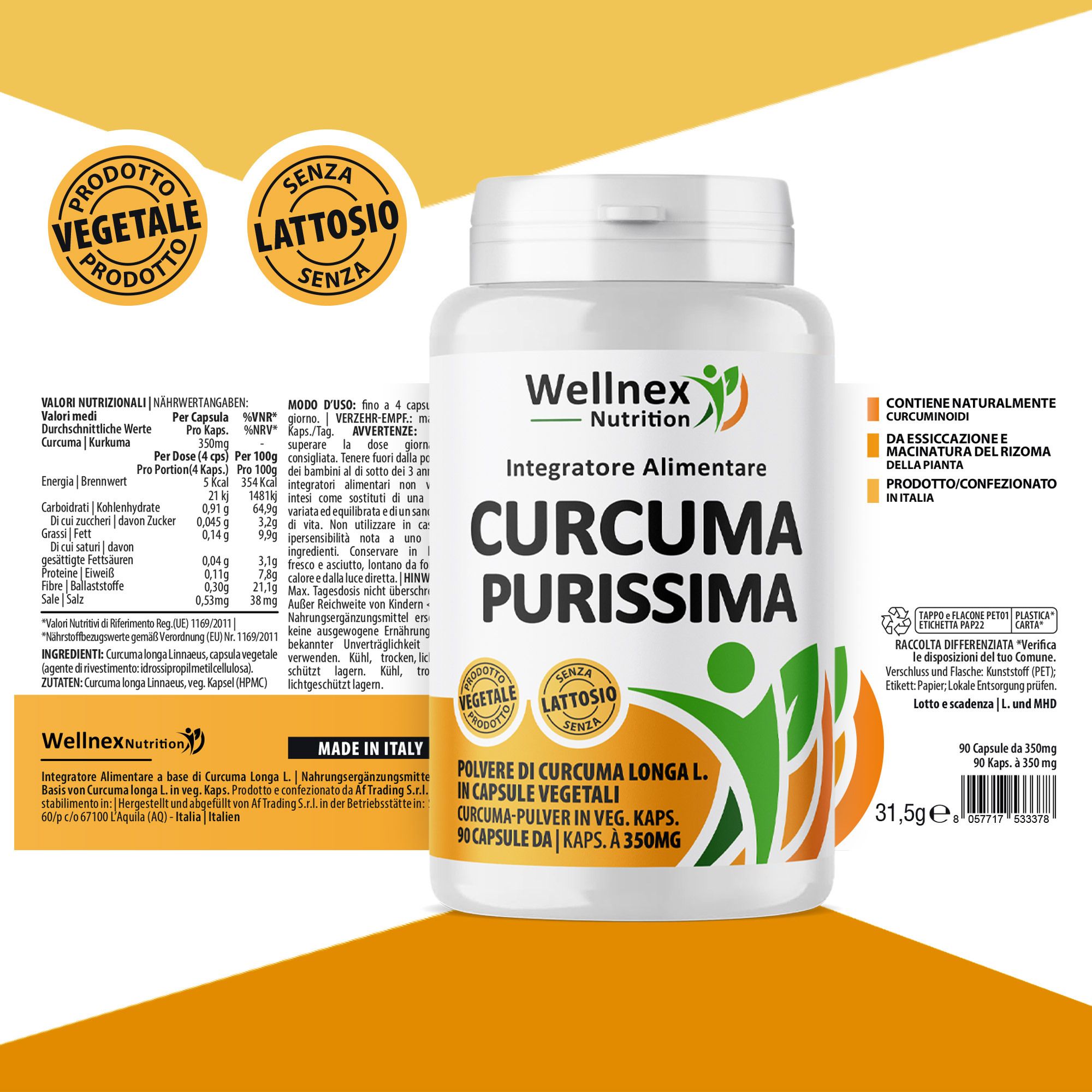 Wellnex Nutrition Curcuma Purissima Polvere - Curcuma Longa - 90 Capsule Vegetali