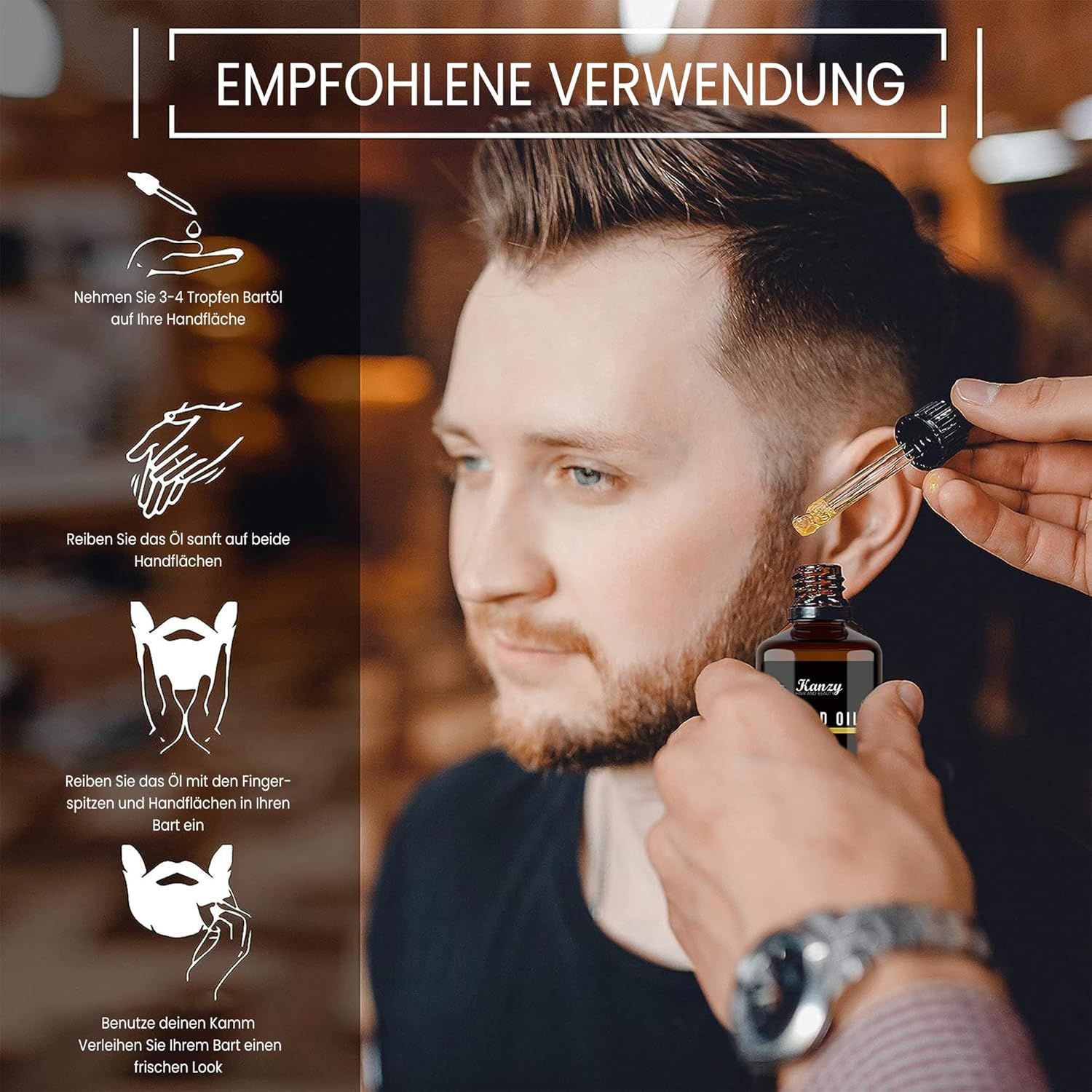 Flacone di vetro marrone con pipetta. Testo: Kanzy Beard Oil. Uso consigliato. Uomo con barba.