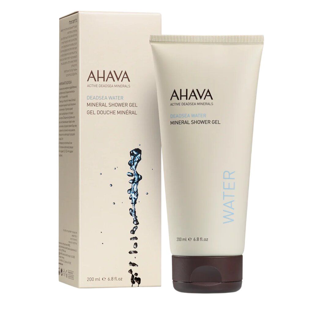 Bagnoschiuma AHAVA e confezione. Tubo bianco con tappo marrone e scatola di cartone con schizzi d'acqua.