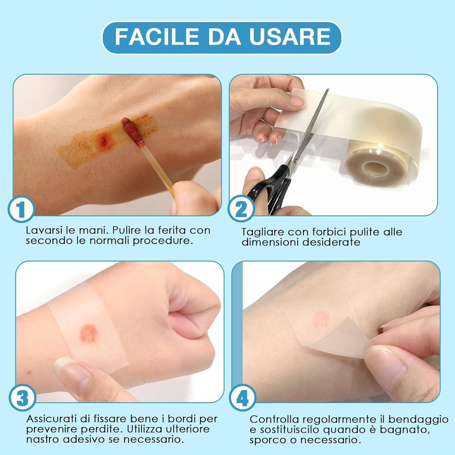 Istruzioni per la cura delle ferite: lavare le mani, pulire la ferita, tagliare il cerotto, applicarlo e controllarlo.