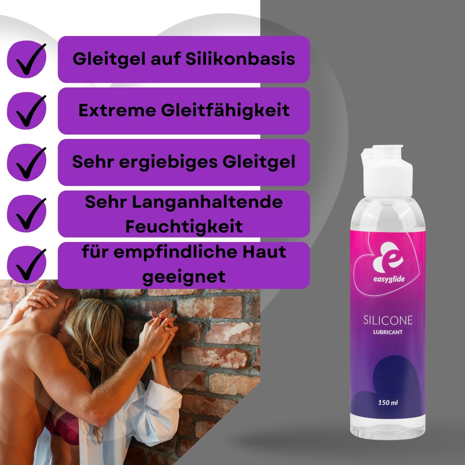 Gel Easyglide Silicone. Flacone con tappo bianco ed etichetta viola. 150 ml. Testo: Silicone Lubricant.