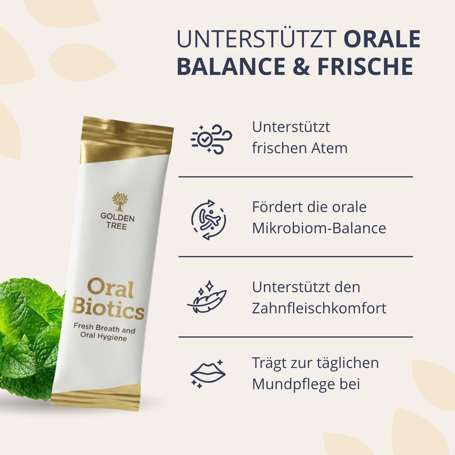Golden Tree Oral Biotics supporta l'equilibrio e la freschezza orale.