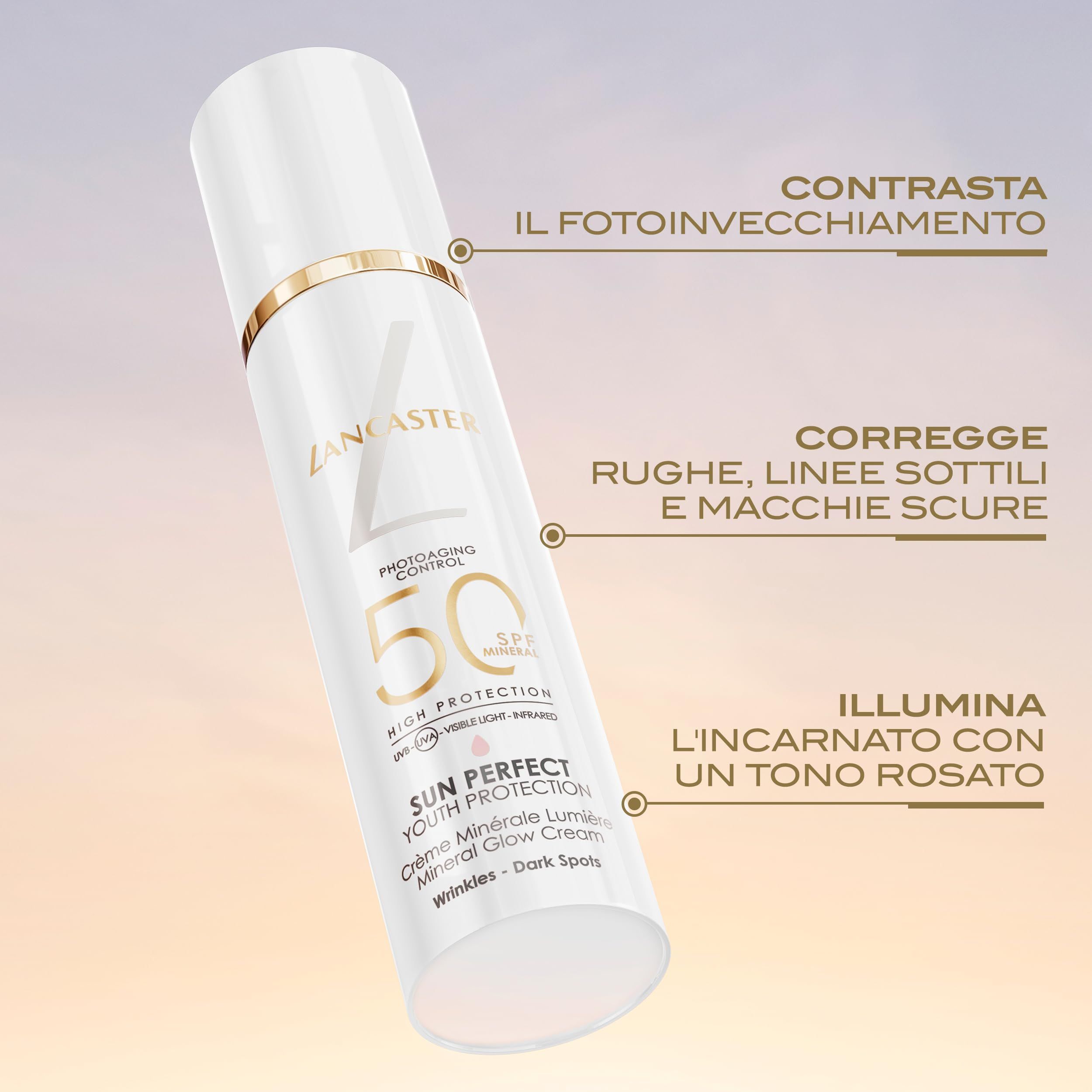 Prodotto con testo. Scritta: Lancaster, 50 SPF, Sun Perfect Youth Protection. Crema per rughe e macchie scure. Effetto anti-età.