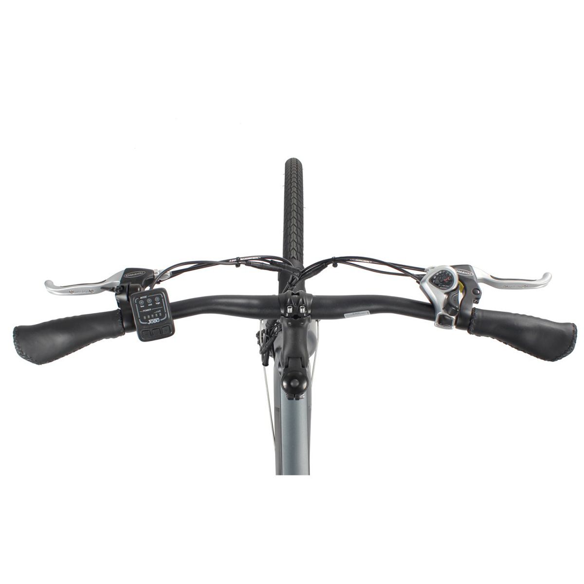 Vista dall'alto del manubrio di una e-bike. Manopole, leve freno, display e comandi.