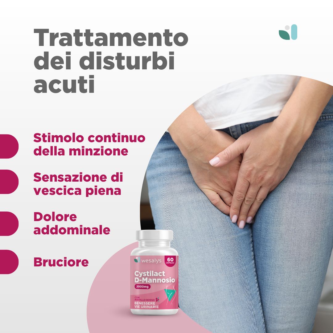 Donna con le mani sulle ginocchia. Accanto, flacone di Cystilact D-Mannosio. Testo sui sintomi urinari.