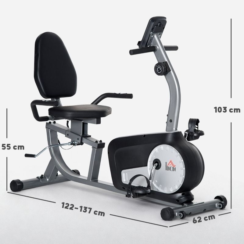 Bicicletta reclinata con dimensioni: altezza 103 cm, larghezza 62 cm, lunghezza 122-137 cm. Telaio grigio, sedile nero.