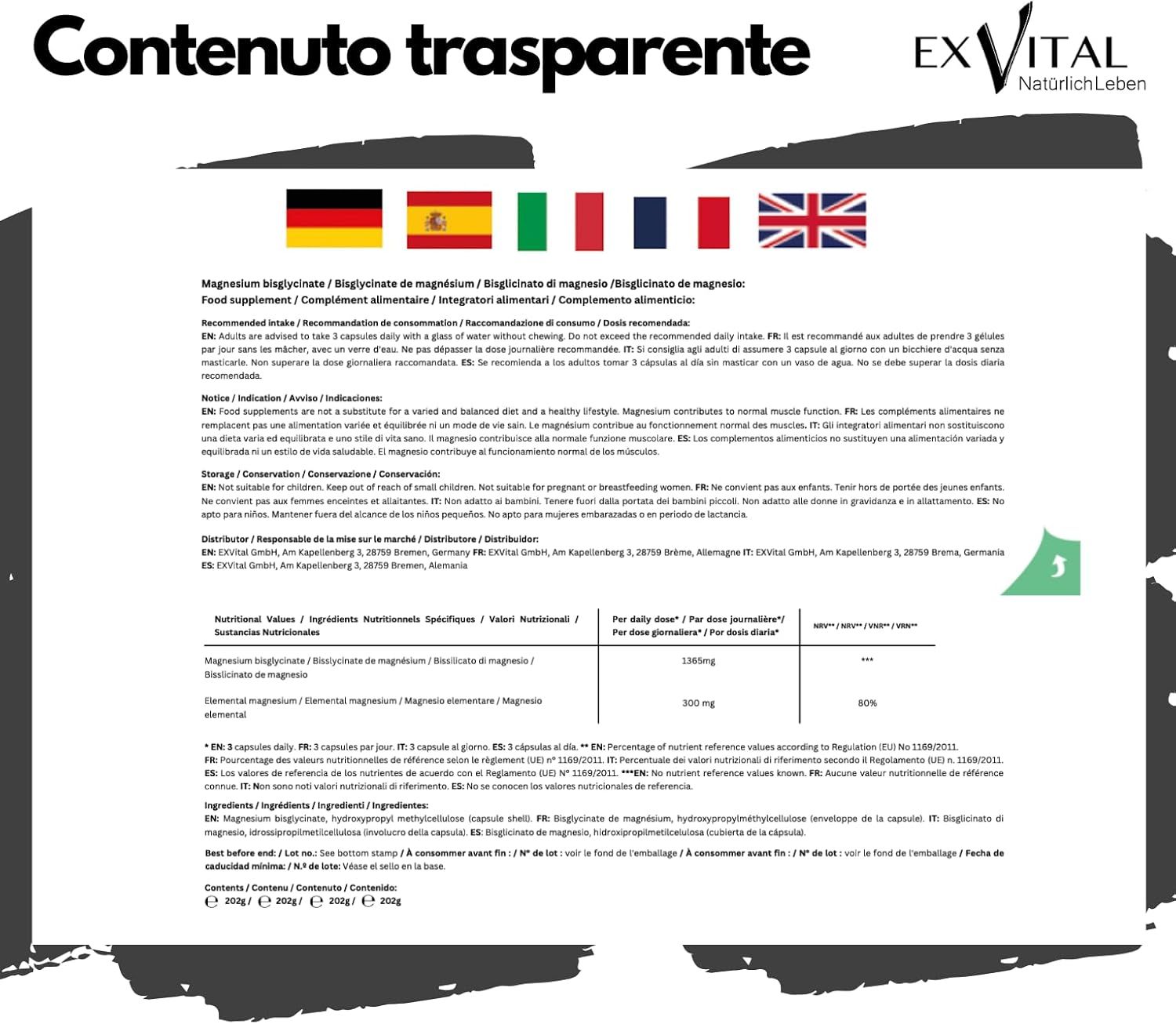 Informazioni sul prodotto. Testo: Glicinato di magnesio, ingredienti, valori nutrizionali, uso.