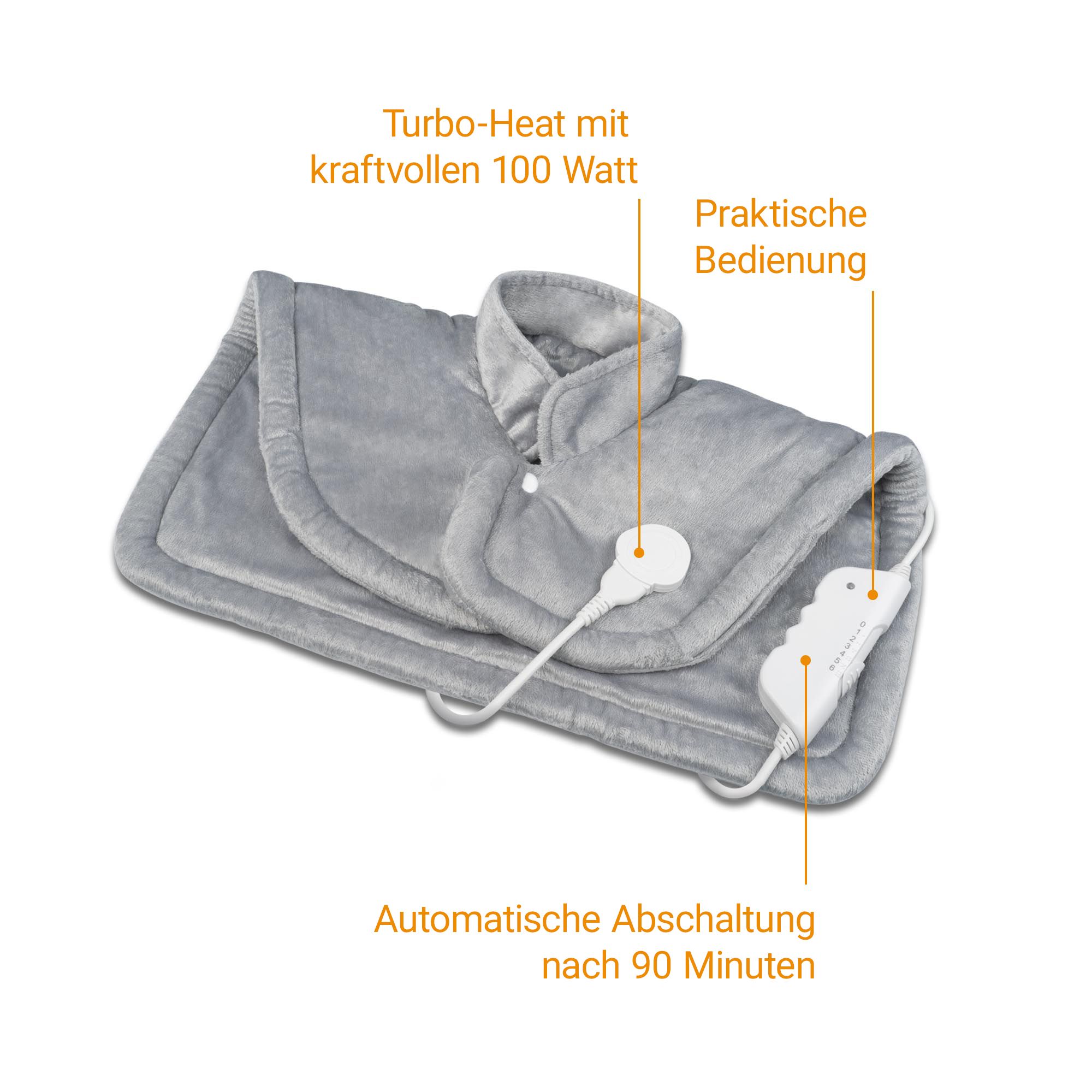 Cuscino riscaldante grigio con controller, Turbo-Heat 100W, spegnimento automatico dopo 90 min.