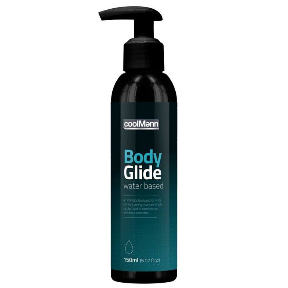 Flacone nero con erogatore nero. Scritta: Coolmann Bodyglide, a base d'acqua. 150 ml (5.07 fl oz).