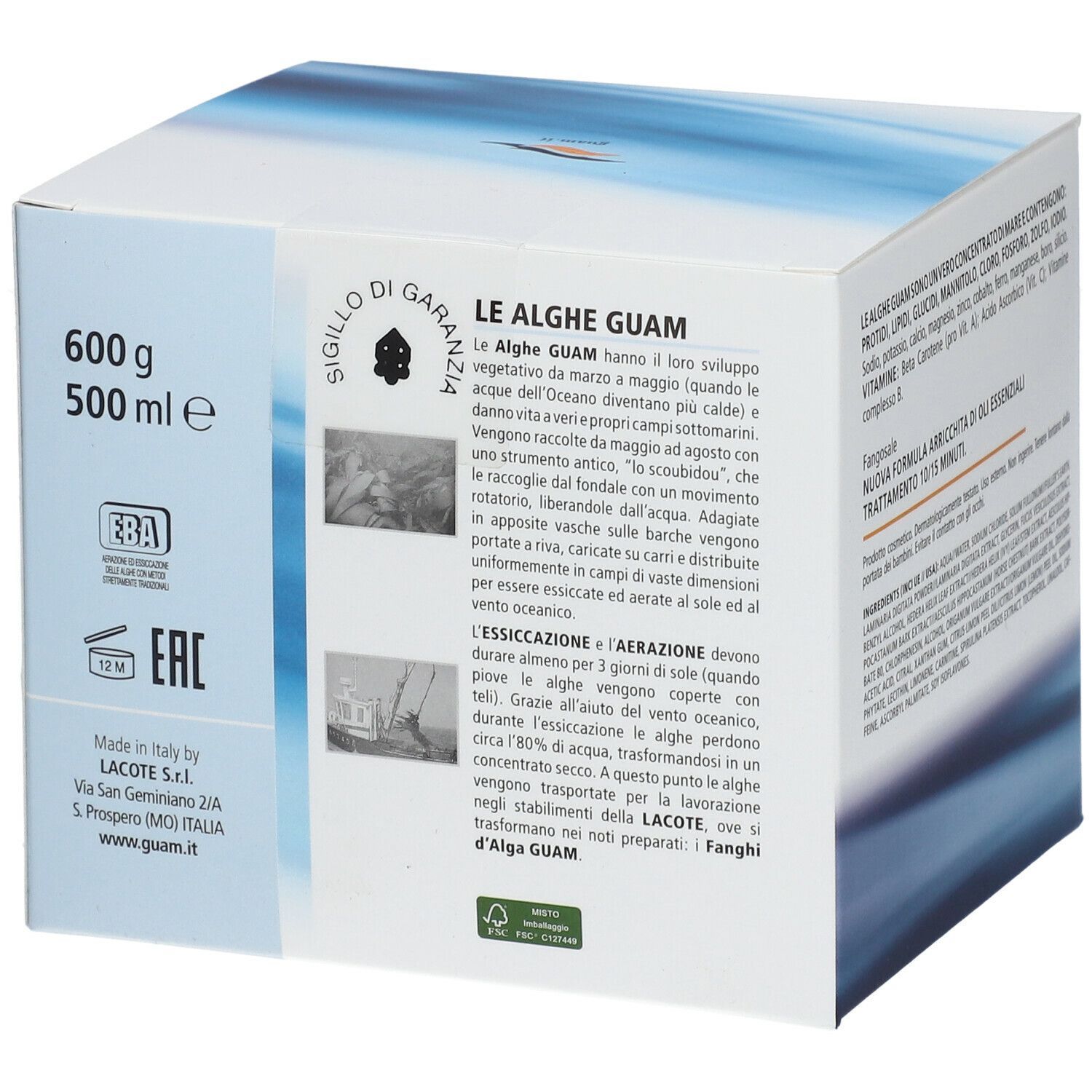 Retro della confezione GUAM® Talasso Fangosale. Testo, logo e certificazioni.