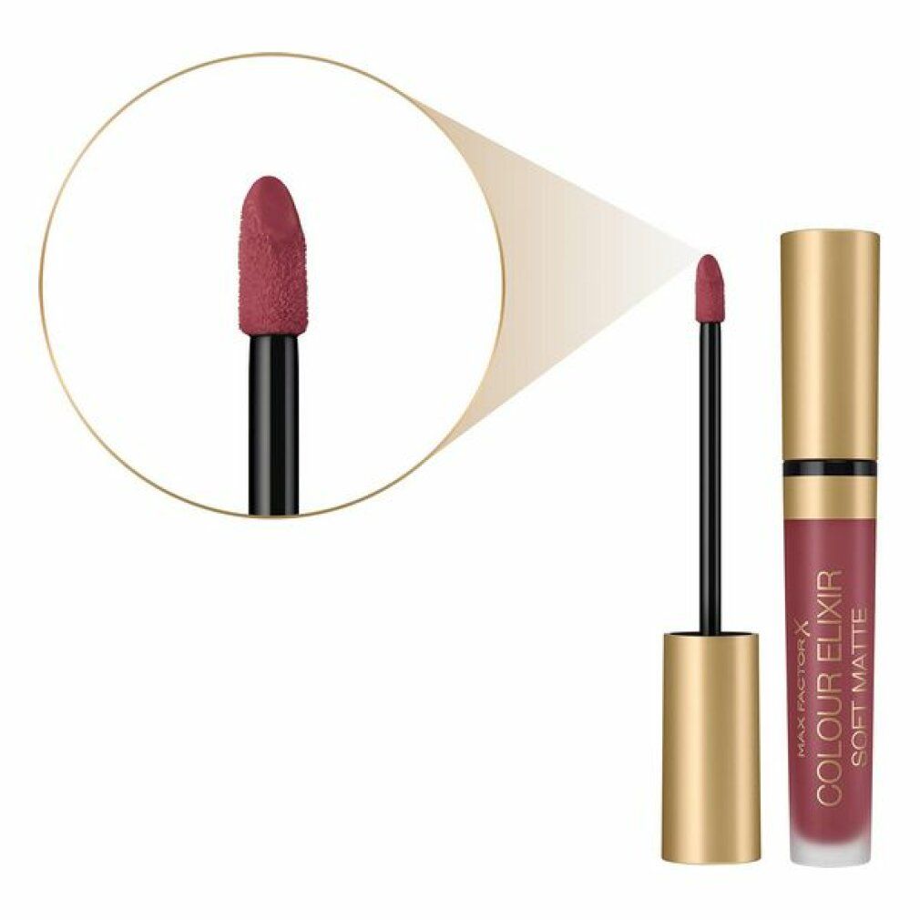 Rossetto con tappo dorato e applicatore. Scritta: Max Factor Colour Elixir Soft Matte. Primo piano dell'applicatore.