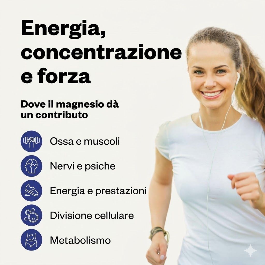 Donna che corre. Testo: Energia, concentrazione e forza. Ossa e muscoli, nervi e psiche, energia e prestazioni.