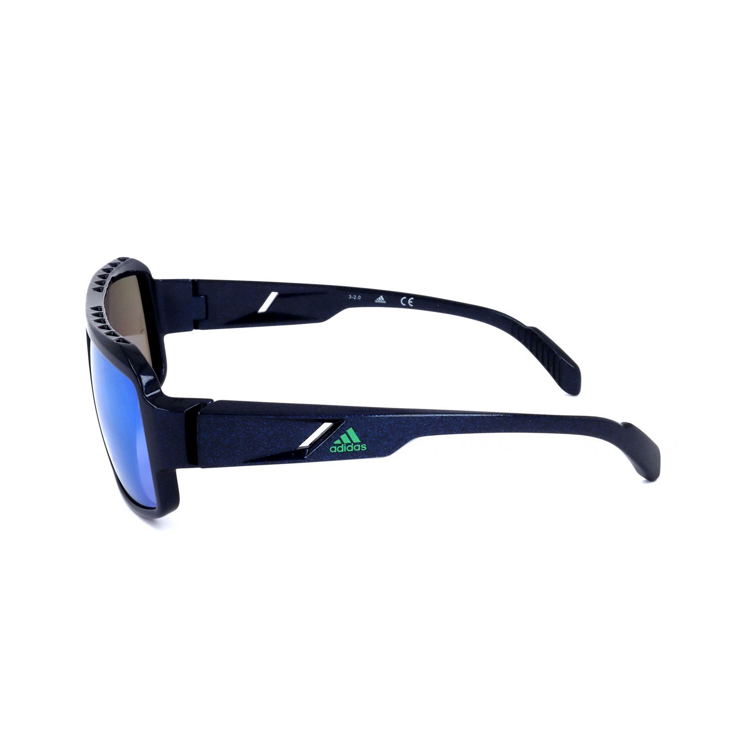 Occhiali da sole sportivi Adidas blu scuro con lenti blu e logo verde.