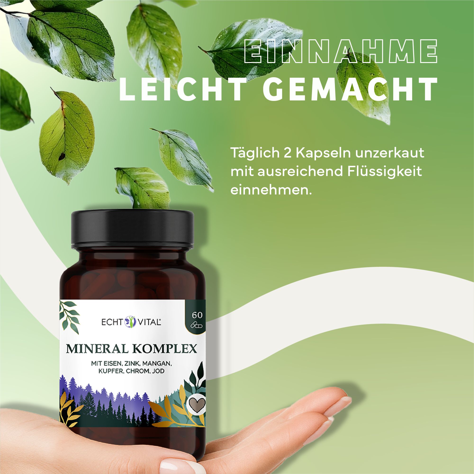 Mano che tiene una bottiglia di Echt Vital Mineral Komplex, circondata da foglie.