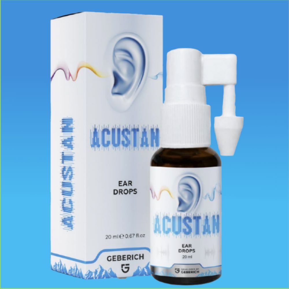 Spray per orecchie Acustan e confezione. Flacone e scatola con nome e logo del prodotto. 20 ml.