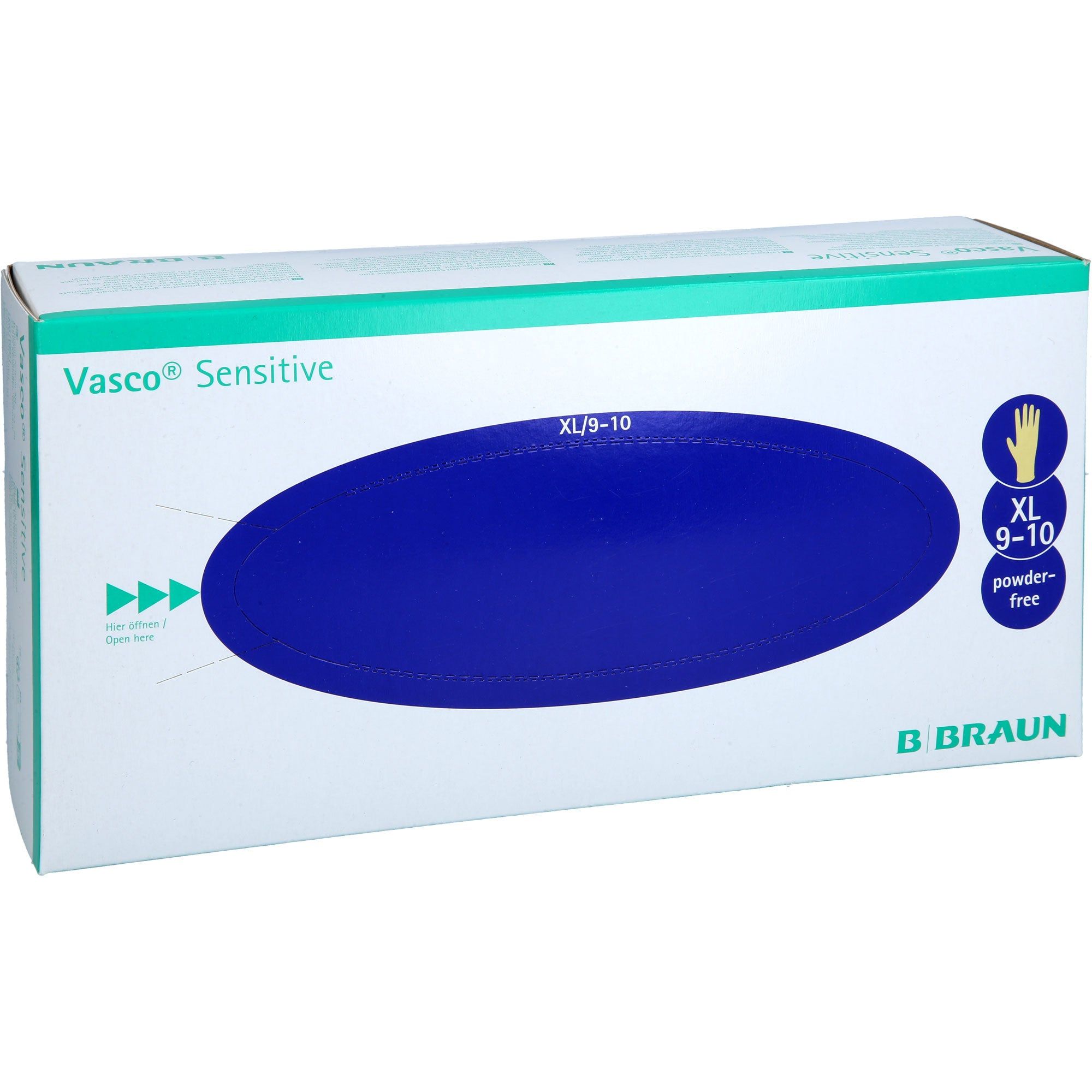 Scatola di guanti da esame. Scritta: Vasco Sensitive, XL 9-10, senza polvere. Logo: B. Braun.