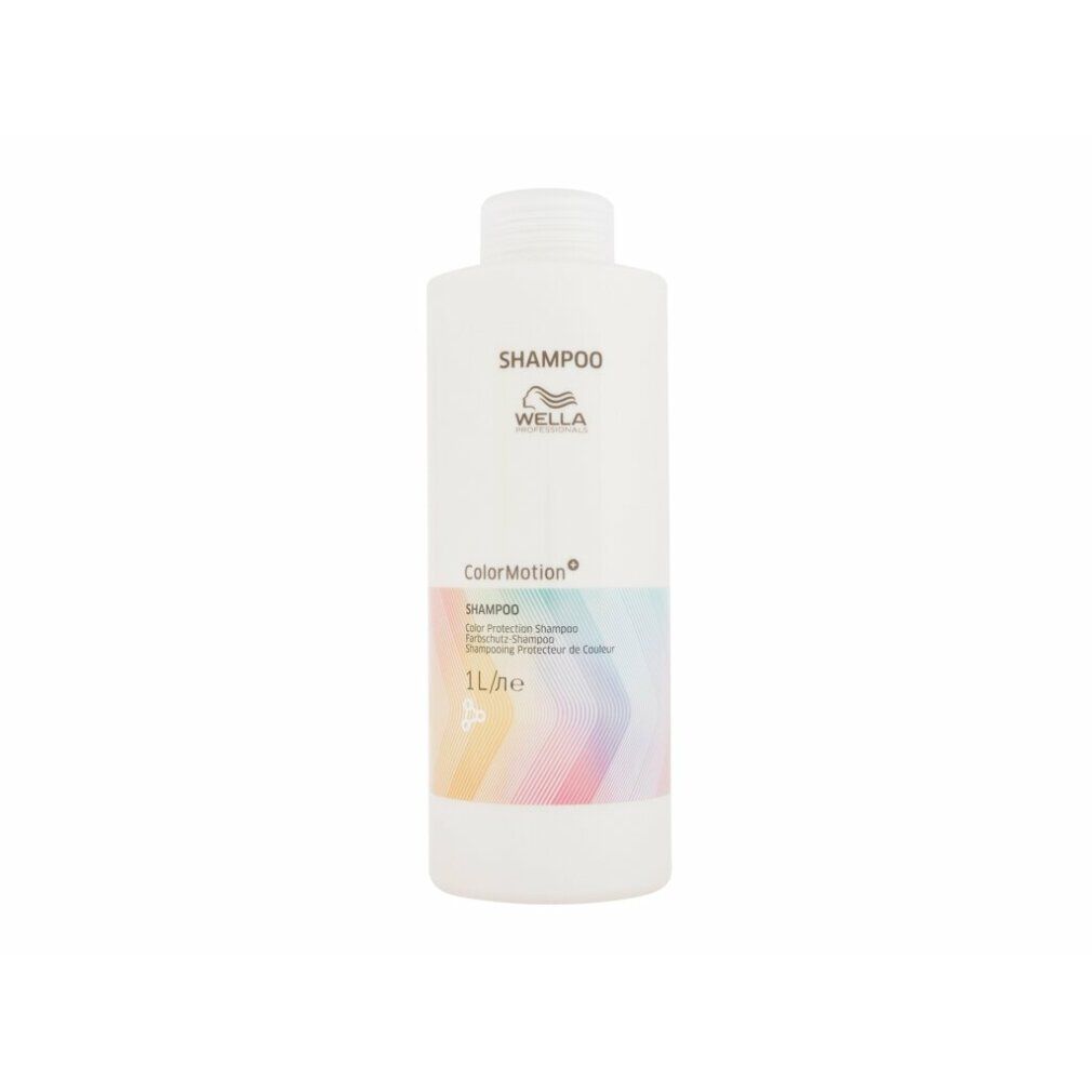 Flacone di shampoo bianco con logo Wella ed etichetta Color Motion. Testo in tedesco e francese. Marchio 1L.