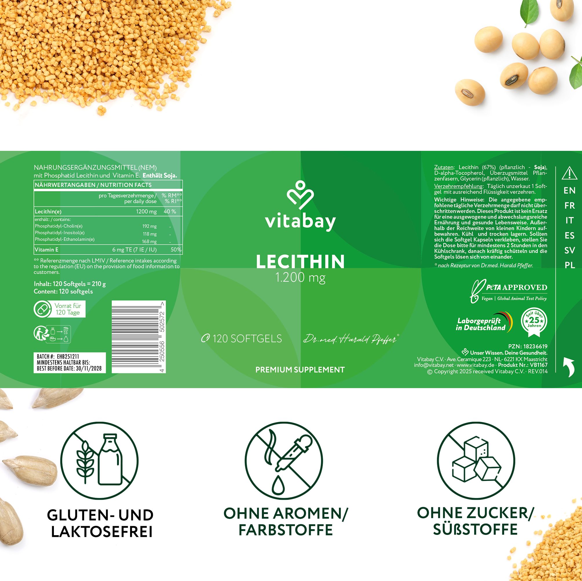 Etichetta Vitabay Lecithin 1.200 mg. 120 capsule. Ingredienti. Senza aromi/coloranti. Senza glutine e lattosio. Testato in laboratorio.