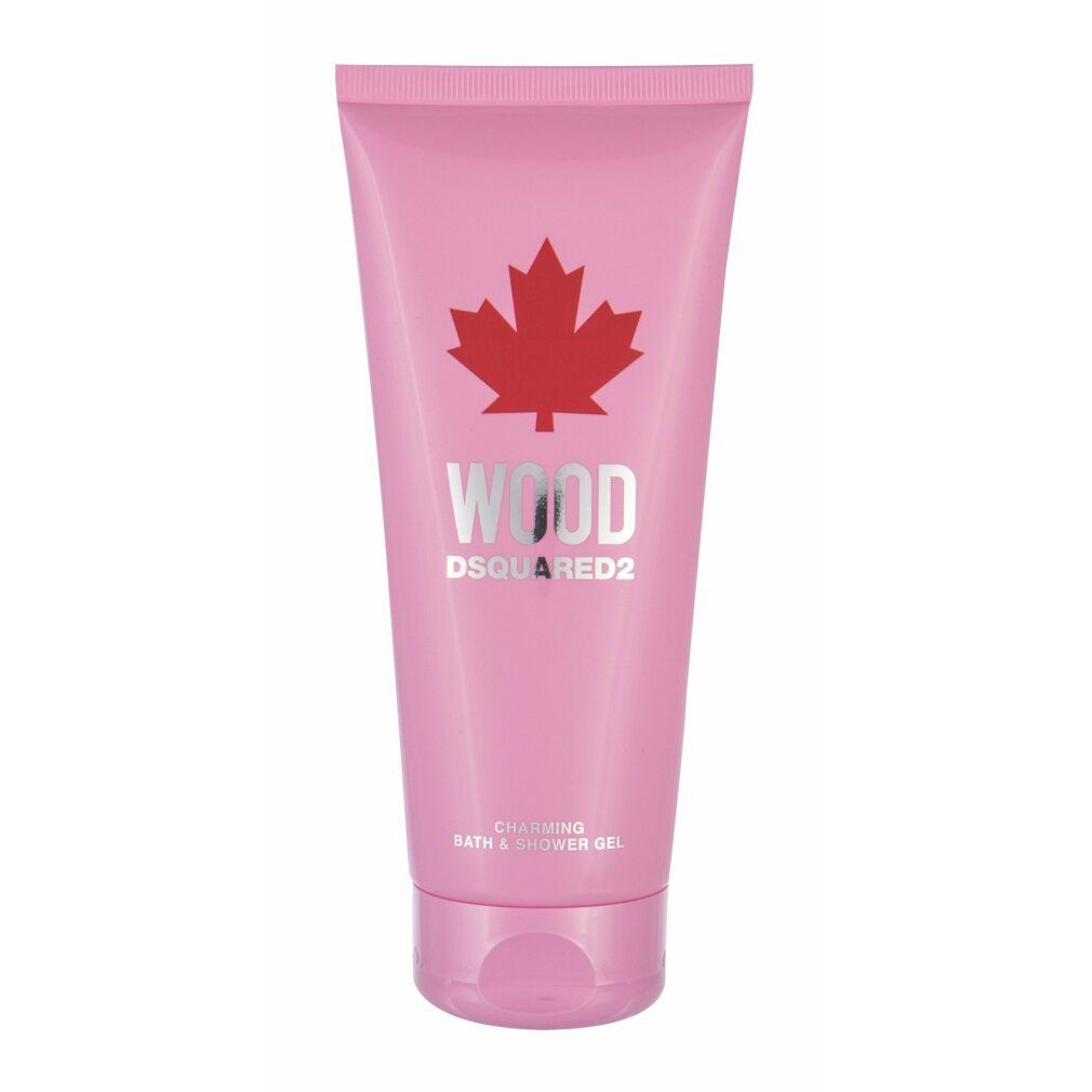 Dsquared2 Wood Pour Femme Bagnoschiuma e Doccia Gel in tubo rosa con logo foglia d'acero rossa e scritta argentata.