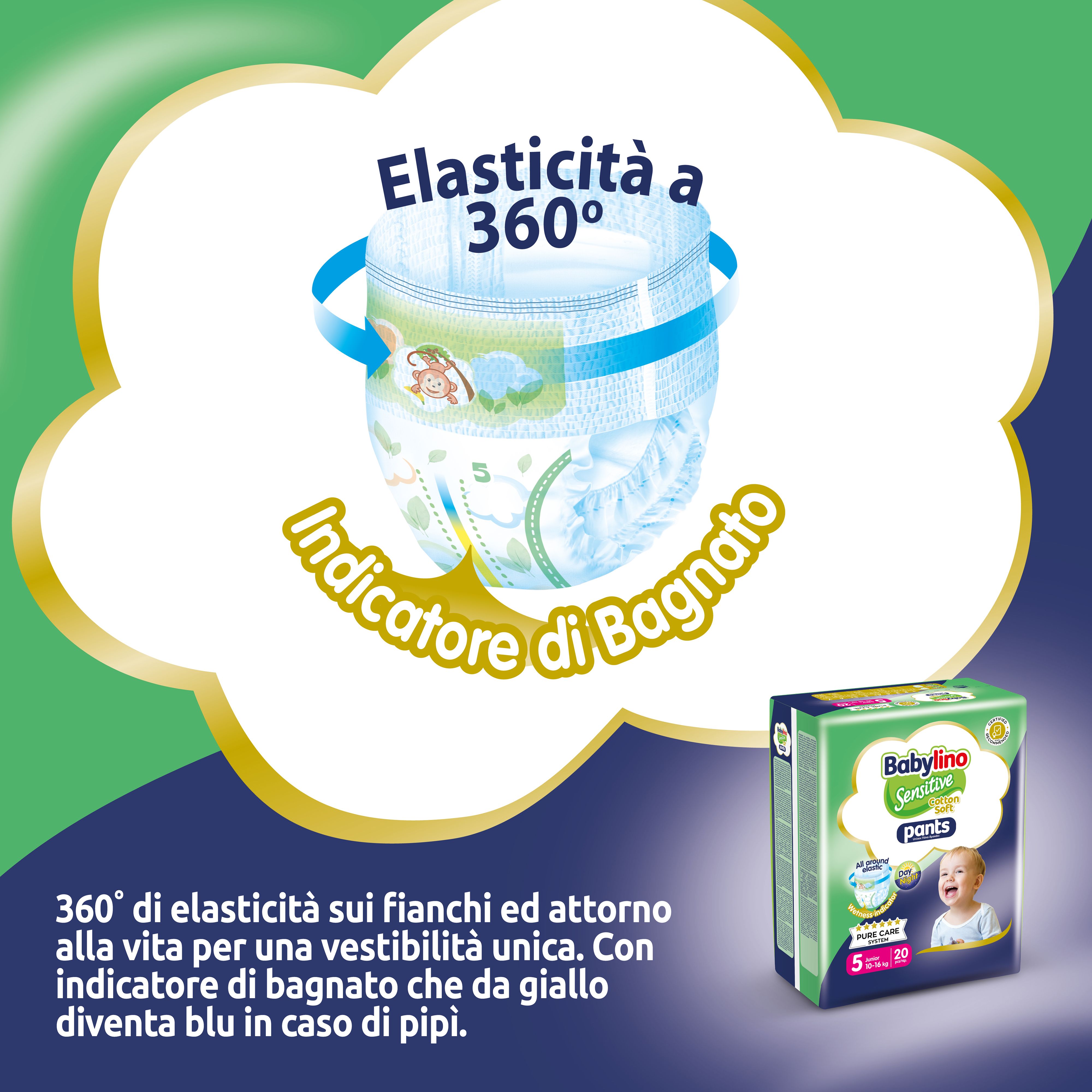 Babylino Sensitive Pants con elasticità a 360° e indicatore di bagnato. Immagine del prodotto. Cornice dorata.