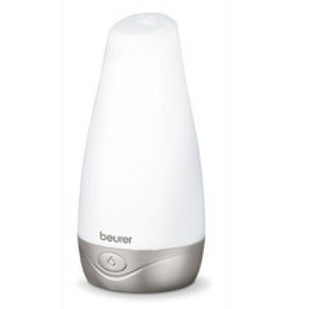 Diffusore di aromi bianco con base argentata. Marchio: beurer. Pulsante on/off. Forma a goccia. Apertura sulla parte superiore.