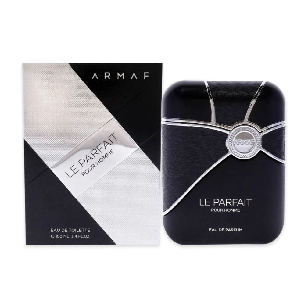 Flacone e confezione neri. Scritta: Armaf, Le Parfait Pour Homme, Eau de Parfum. Dettagli argentati.