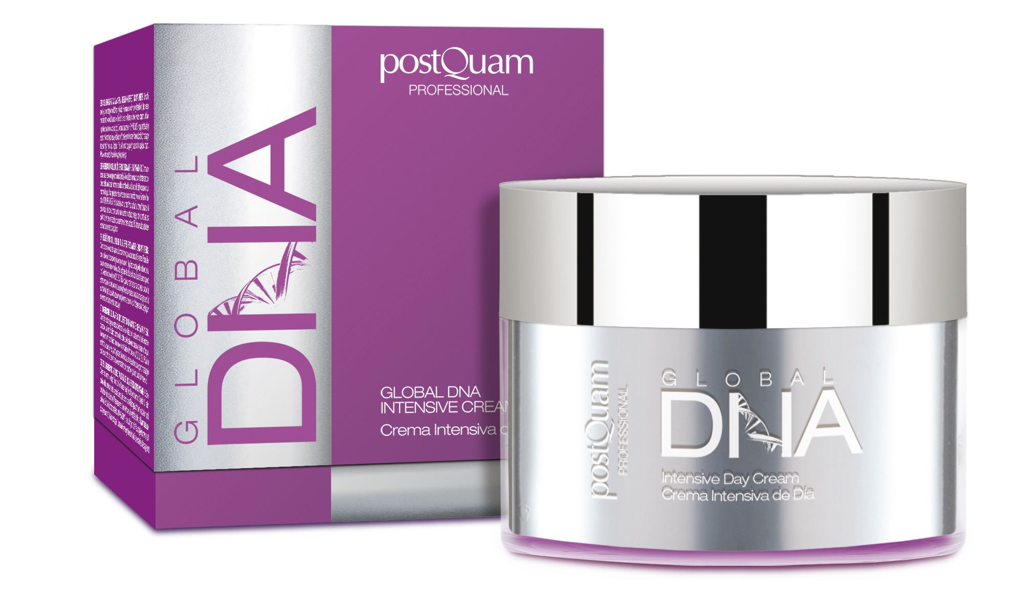 Vasetto di crema e confezione. Nome prodotto: Global DNA Intensive Day Cream. Marchio: Postquam. Confezione viola.