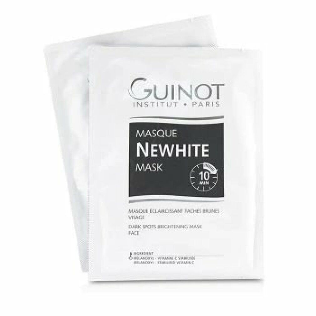 Due confezioni singole Guinot Newhite Mask. Scritta: Newhite, Masque, 10 Min. Marchio: Guinot. Descrizione: Masque Éclaircissant Taches Brunes, Face.