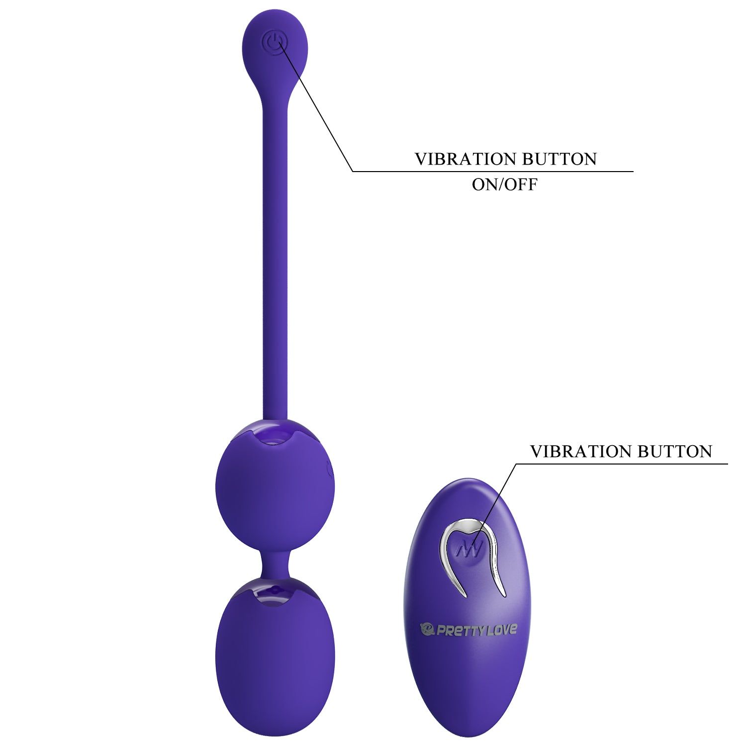 Palline di Kegel viola con telecomando. Il telecomando presenta il logo Pretty Love.