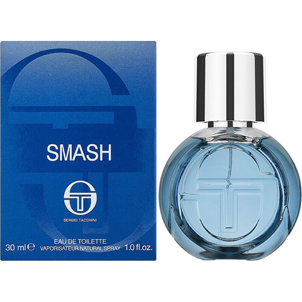 Sergio Tacchini Smash Eau de Toilette da Uomo, flacone da 30ml con spruzzatore argentato e scatola blu.