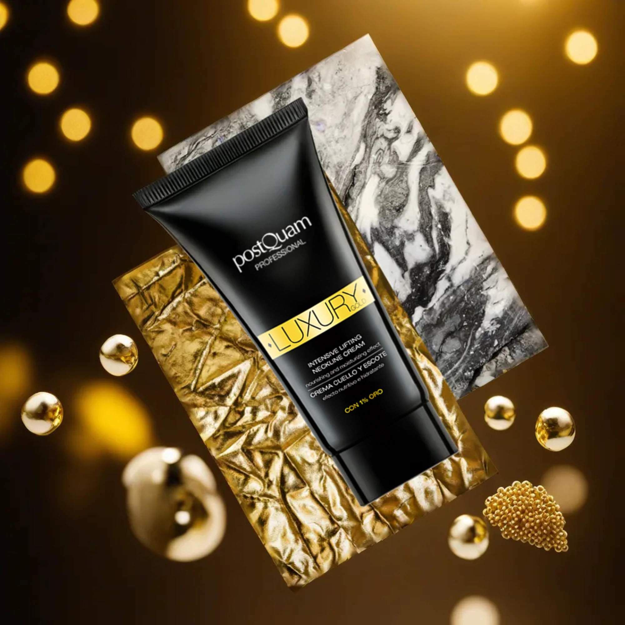 Tubo nero su sfondo dorato e marmorizzato con sfere dorate. Testo: Postquam Professional, Luxury, Intensive Lifting Neckline Cream, 1% Gold.