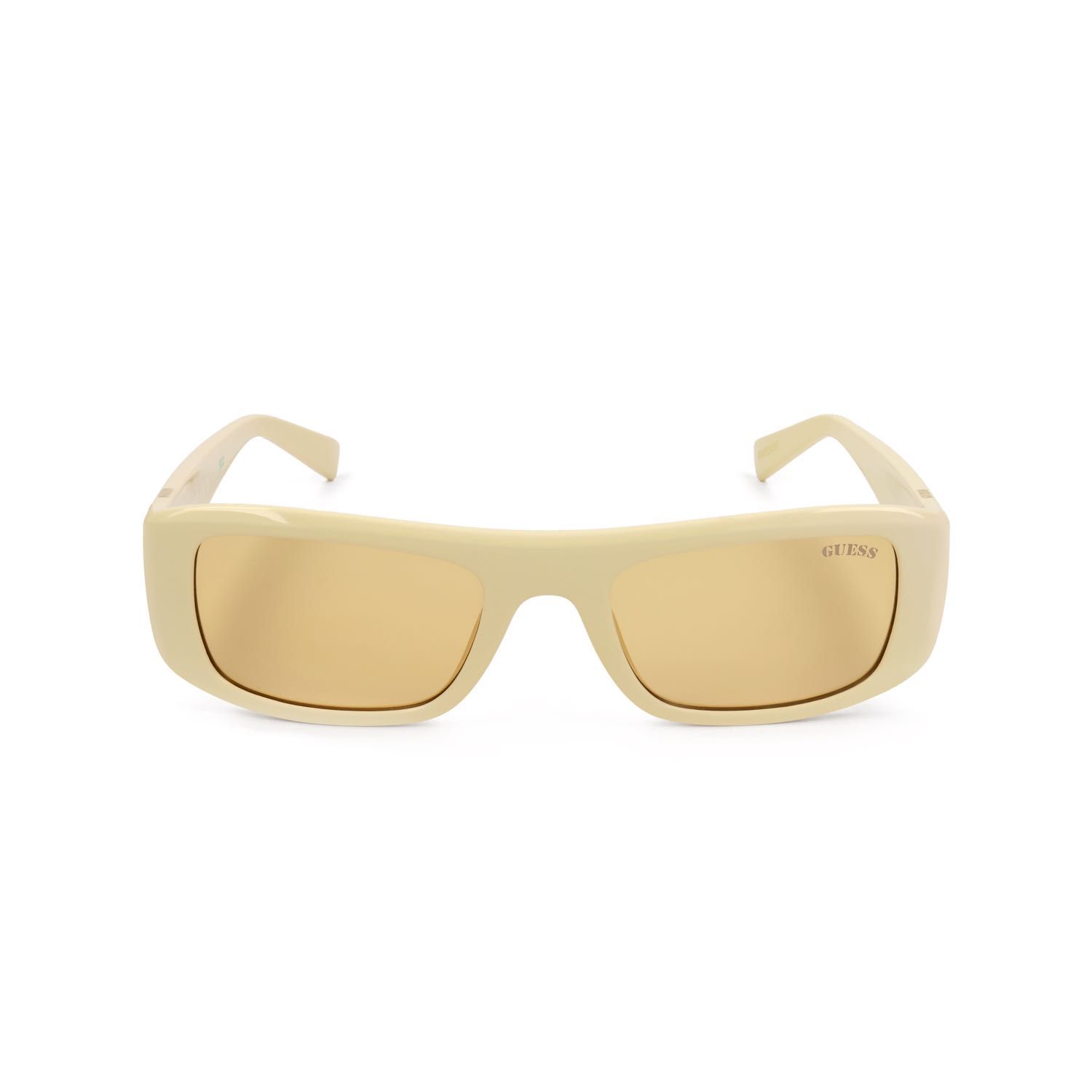 Occhiali da sole beige con lenti rettangolari dorate e logo Guess sulla lente destra.
