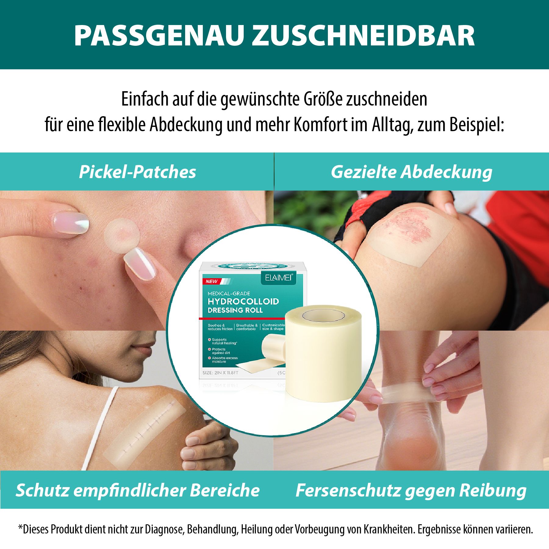 Rotolo di cerotto idrocolloide. Ritagliabile per una copertura flessibile. Applicazione su brufoli, ferite, zone sensibili, talloni.