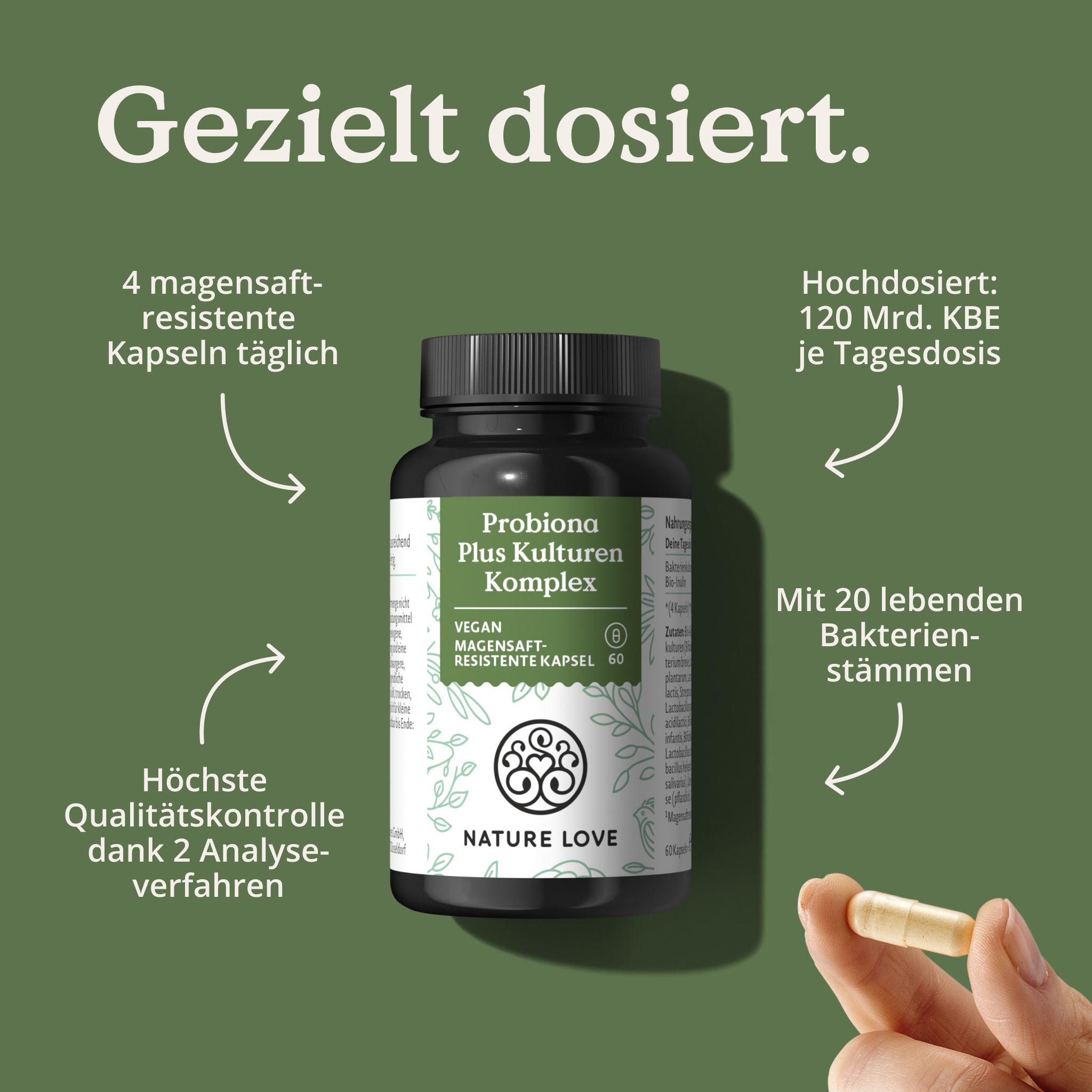 Flacone con testo: Dosaggio mirato. 4 capsule gastroresistenti al giorno. 120 miliardi di CFU per dose giornaliera. 20 ceppi batterici vivi. Marchio: NATURE LOVE®.