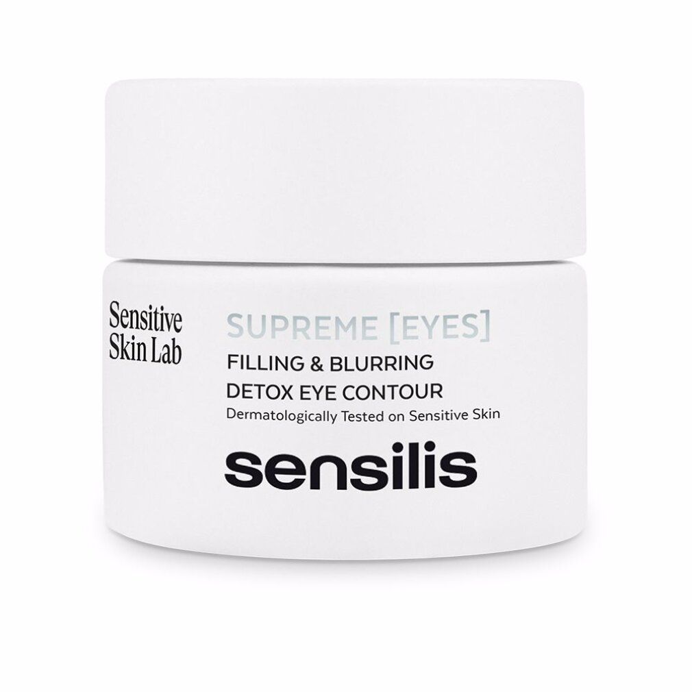 Vasetto bianco con coperchio. Sul vasetto c'è scritto Sensilis Supreme [EYES] Filling & Blurring Detox Eye Contour.