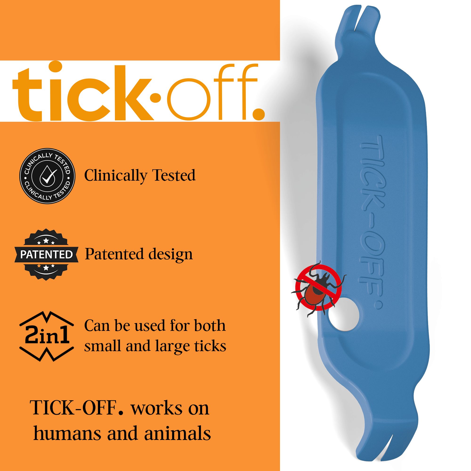 Estrattore di zecche blu con confezione arancione. Testo: Tick-off. Clinicamente testato, brevettato. Per zecche piccole e grandi.
