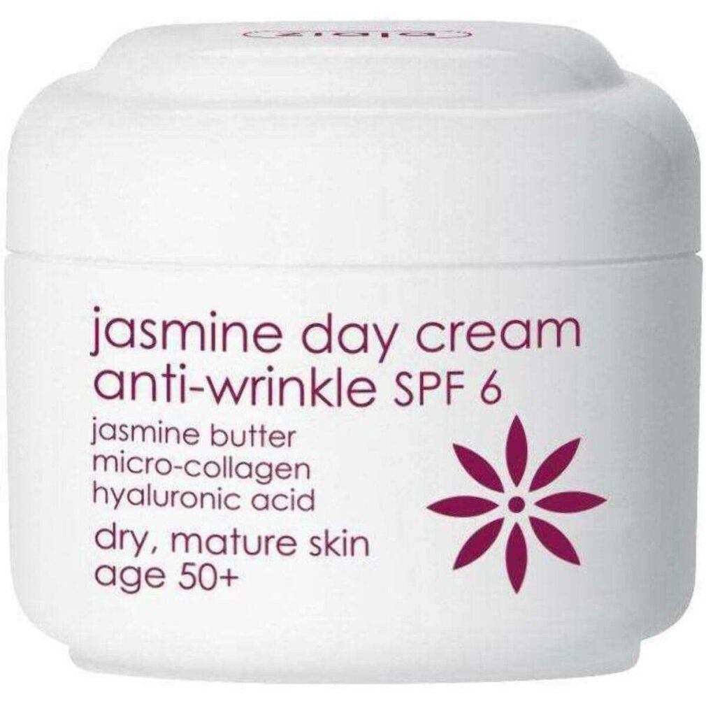 Vasetto bianco con coperchio. Scritta: jasmine day cream anti-wrinkle SPF 6. Con design floreale. Per pelli secche e mature.